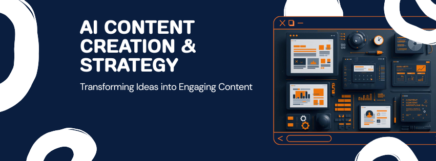 AI content creation and strategy banner showing content dashboard with engaging layouts and smart planning tools by OnlinEmage