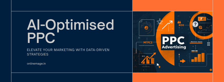 AI-optimised pay per click marketing banner with PPC advertising dashboard ROI metrics and data-driven bidding strategy by OnlinEmage