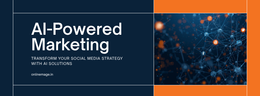 AI-powered social media marketing banner with neural network visuals and social media icons for Instagram Facebook LinkedIn and X by OnlinEmage