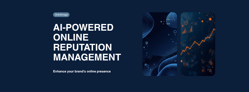 AI-powered online reputation management banner with brand monitoring analytics and online presence growth charts by OnlinEmage