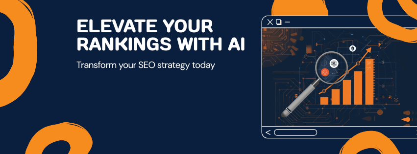 AI-powered SEO banner showing search ranking growth chart with magnifying glass and data-driven strategy visuals by OnlinEmage