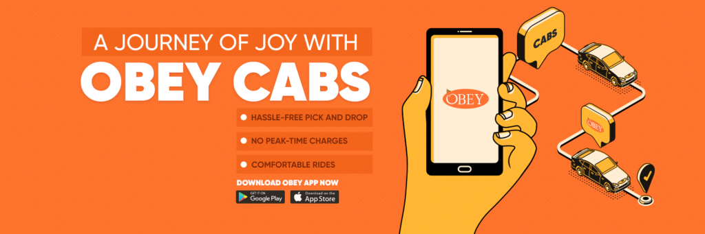 Promotional hero for Obey Cabs: orange banner with a smartphone displaying the Obey logo and a hand, plus stylized cars and route icons to suggest ride-hailing.