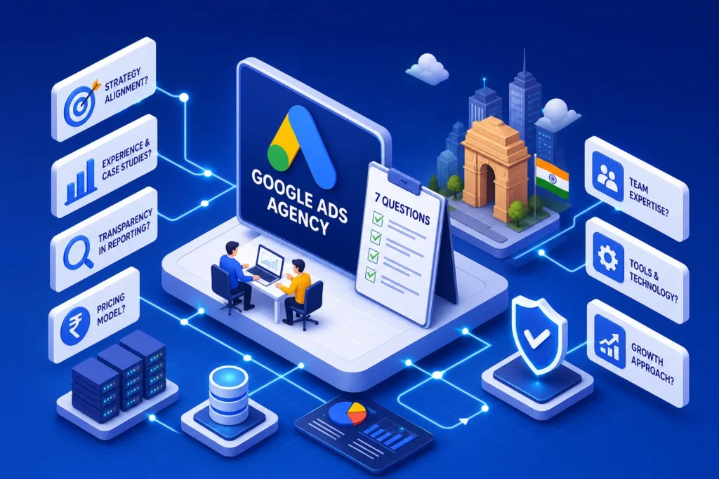 Isometric scene showing 'GOOGLE ADS AGENCY' on a large screen with a two-person team at a desk and connected strategy icons around them.