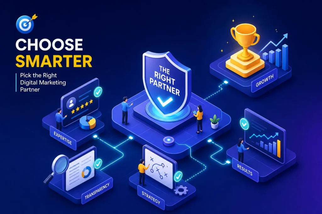 Isometric illustration promoting selecting a digital marketing partner: a central shield labeled 'The Right Partner' with a checkmark, connected to panels titled Expertise, Transparency, Strategy, Results, and Growth.