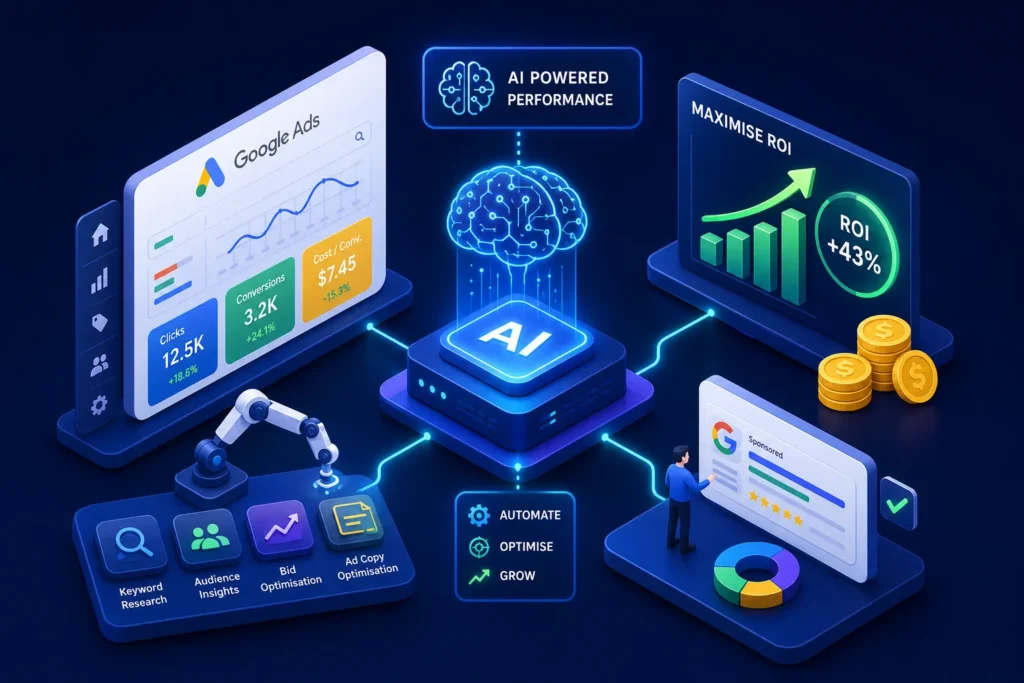 AI-powered performance illustration linking Google Ads metrics to ROI and automation tools with a central AI hub.