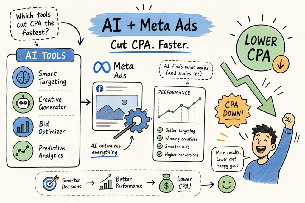 Infographic about AI + Meta Ads lowering CPA: left panel lists AI Tools (Smart Targeting, Creative Generator, Bid Optimizer, Predictive Analytics); middle shows AI optimizing a Meta Ads image with a gear; right side features a performance chart, a downward CPA arrow, a cheering person, and the headline AI + Meta Ads with Cut CPA. Faster.