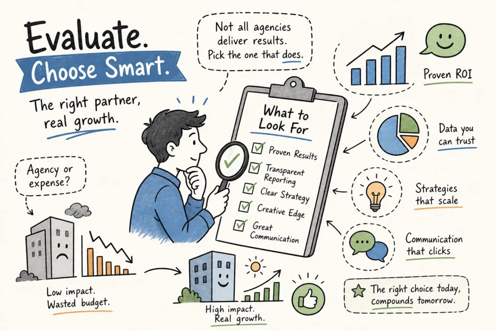 Business infographic about evaluating partners, showing a person with a clipboard titled 'What to Look For' and a checklist of proven results, transparent reporting, clear strategy, creative edge, and great communication, surrounded by growth charts and icons for ROI and impact.