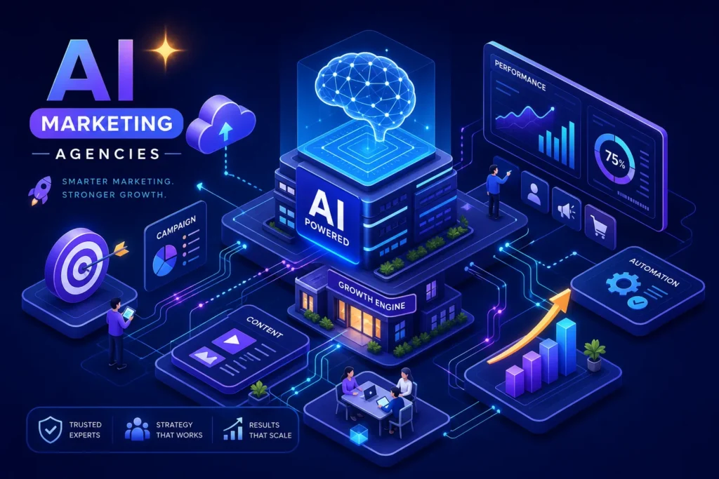 Isometric illustration of an AI-powered marketing hub with a glowing brain, dashboards, and a growth engine labeled 'AI Powered'.