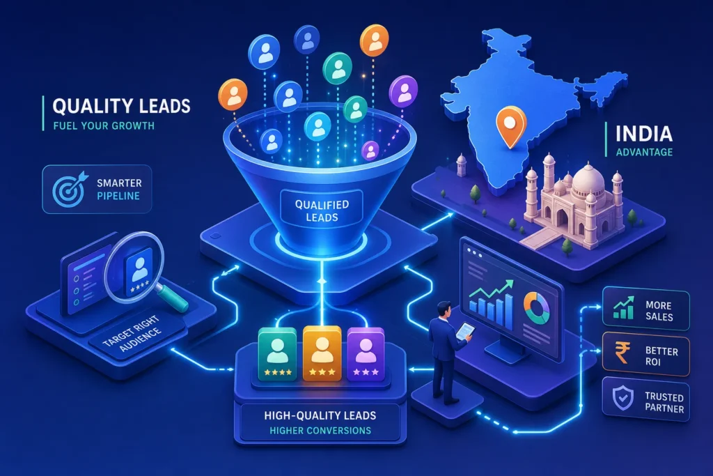 Funnel labeled Qualified Leads with floating profile icons and a map of India in the background, illustrating lead generation and conversion.