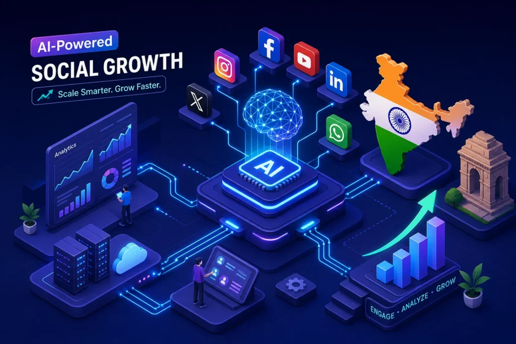 AI-powered social growth concept with central AI chip, social icons, analytics dashboard, and India map silhouette. Growth arrows and bars imply expansion.