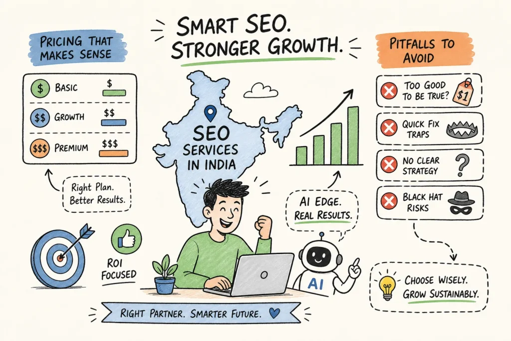 Infographic about AI-powered SEO services in India showing growth, pricing tiers, and tips for better results.