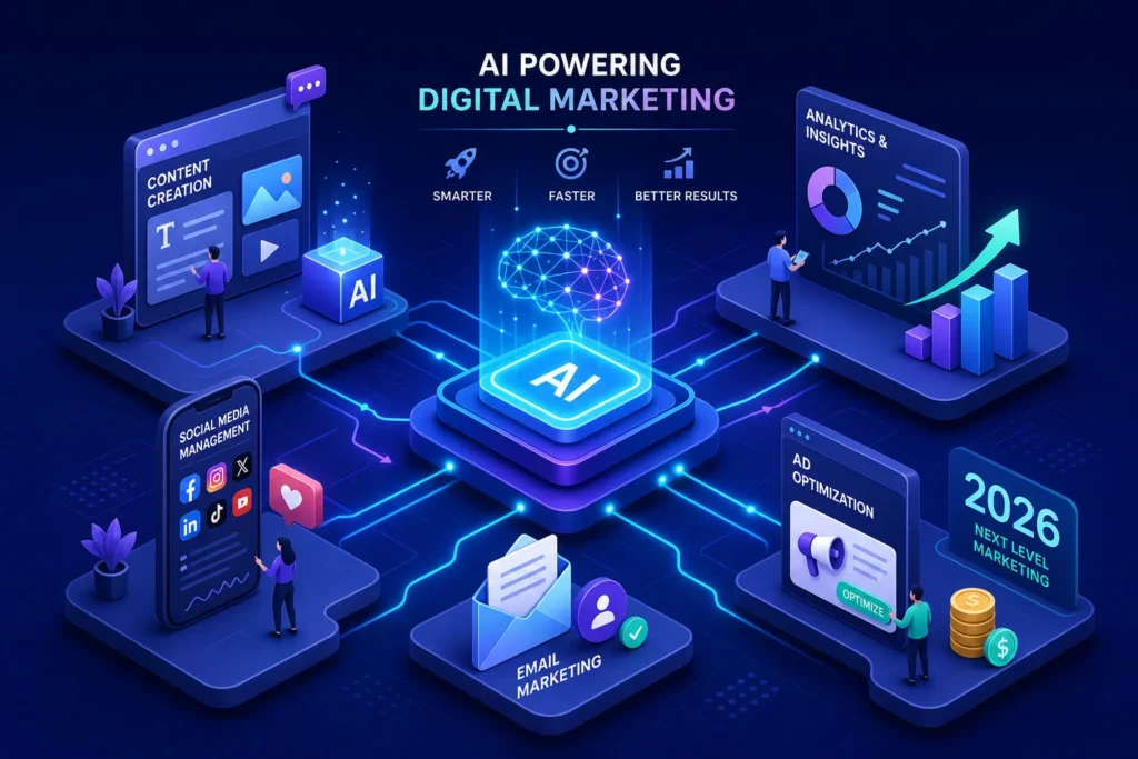AI-powered digital marketing hub with central AI block connected to content creation, social media, email marketing, ad optimization, and analytics for smarter, faster results.