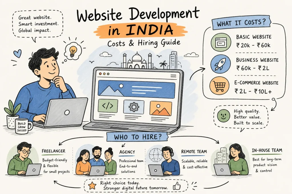Illustration of a man at a laptop with a large website mockup, showing Website Development in India and its costs/hiring guide on the right panel.