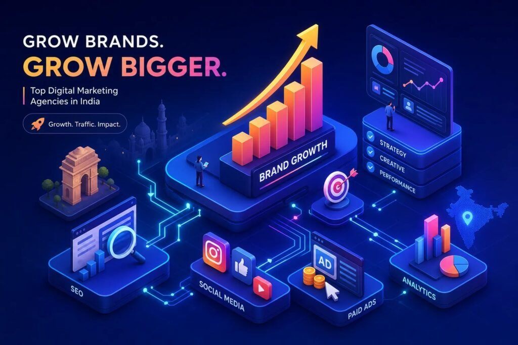 Infographic isometric scene showing a rising bar chart for 'Brand Growth' with connected digital marketing blocks (SEO, Social Media, Paid Ads, Analytics).