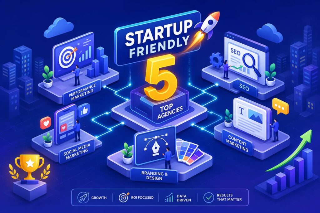 Isometric infographic showing five top agencies connected by glowing lines: branding, SEO, social media, content marketing, performance marketing for startups with a rocket and trophy in blue tones.