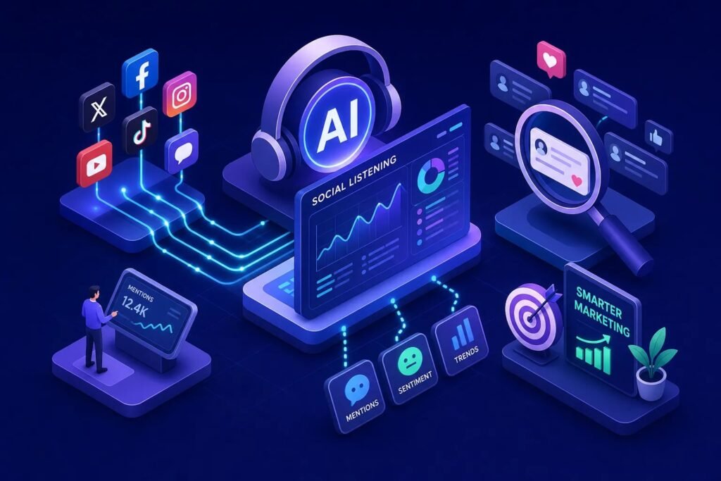 AI-powered social listening dashboard with social icons and data charts, headset perched above the display
