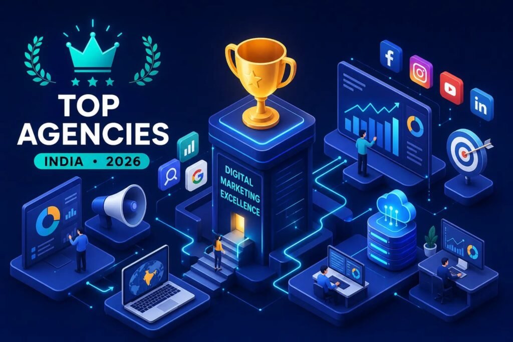 Isometric scene of a digital marketing hub with a trophy on a pedestal and 'Top Agencies India 2026' title above it.