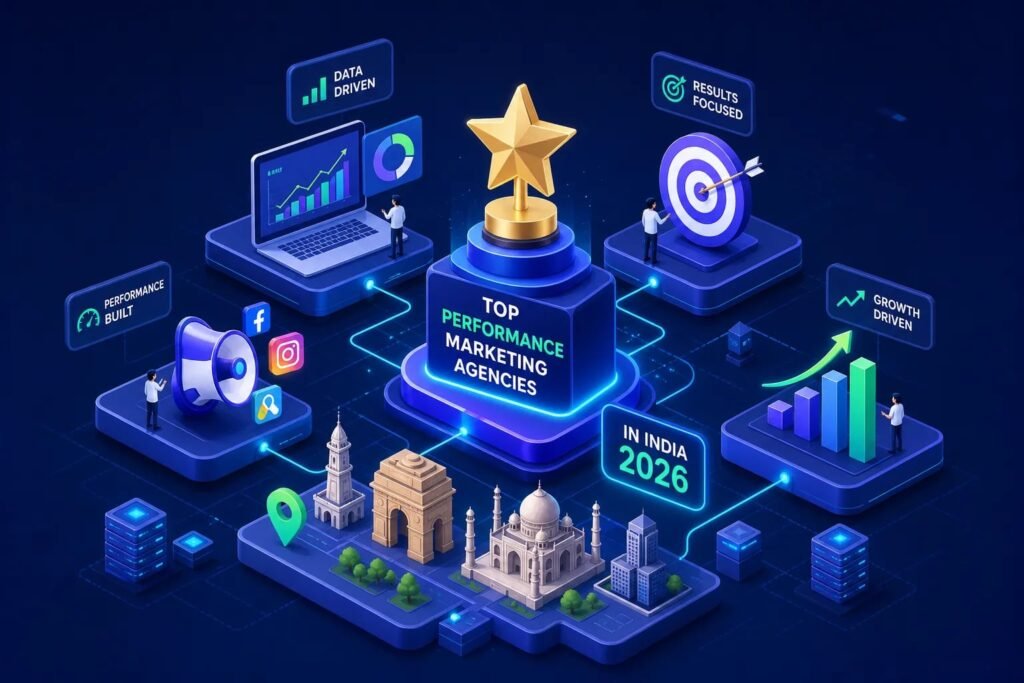 Isometric infographic showing a central podium with a gold star and the title 'Top Performance Marketing Agencies in India 2026'.
