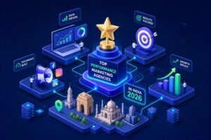 Isometric infographic showing a central podium with a gold star and the title 'Top Performance Marketing Agencies in India 2026'.