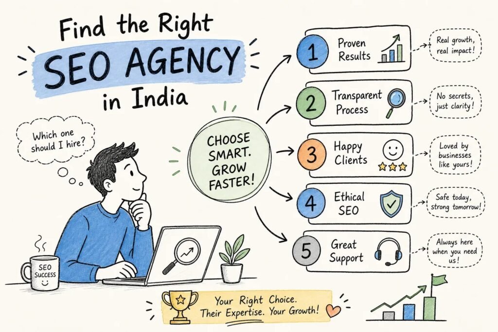 Informational infographic: person at a laptop thinking about hiring an SEO agency in India, with five service pillars—Proven Results, Transparent Process, Happy Clients, Ethical SEO, Great Support.
