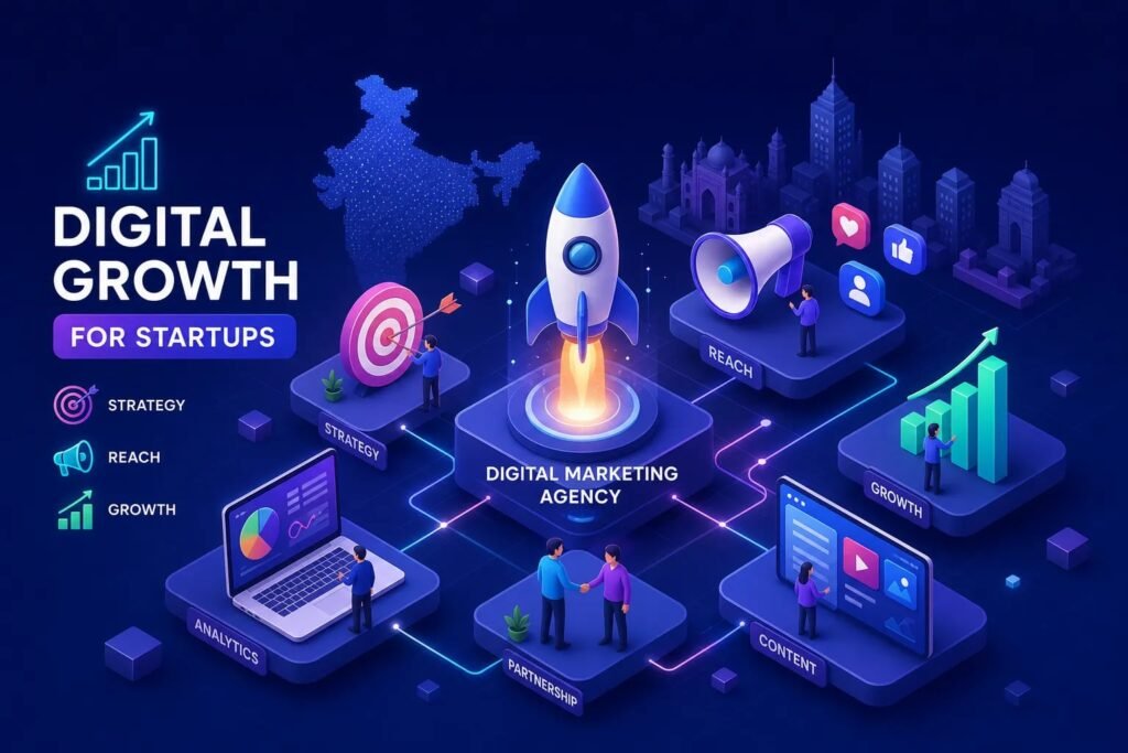 Illustration of a digital growth ecosystem for startups with a rocket, analytics, content, and partnerships central to Digital Marketing Agency