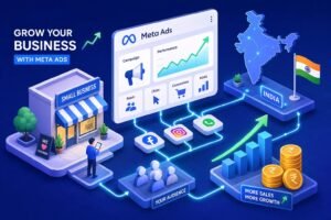 Isometric infographic of a local shop connected to a Meta Ads dashboard showing growth and audience reach for business growth in India.