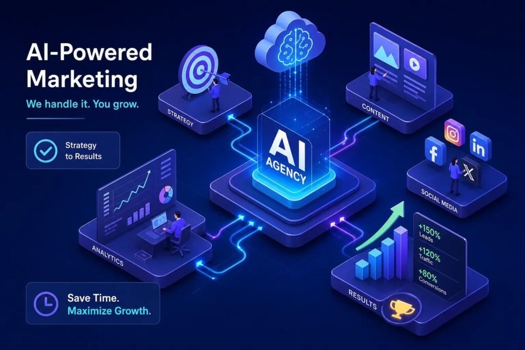 Infographic showing an AI-powered marketing hub with interconnected blocks labeled Strategy, Content, Analytics, Social Media, and Results, centered on AI Agency.