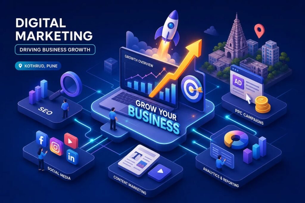 Isometric infographic of digital marketing channels fueling business growth, with SEO, social media, content marketing, analytics, and PPC icons and labels.